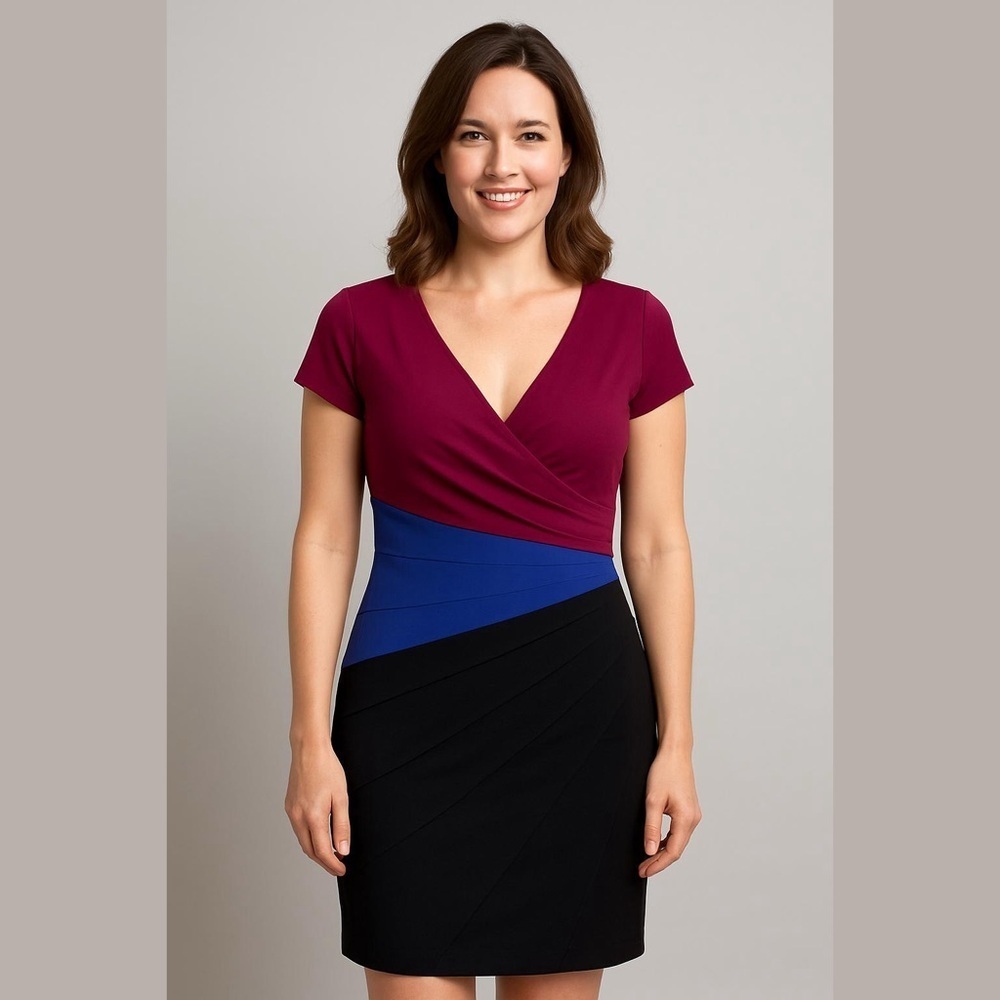 London Style Collection Purple Blue Black ColorBlock Sheath Dress Womens Sz 10